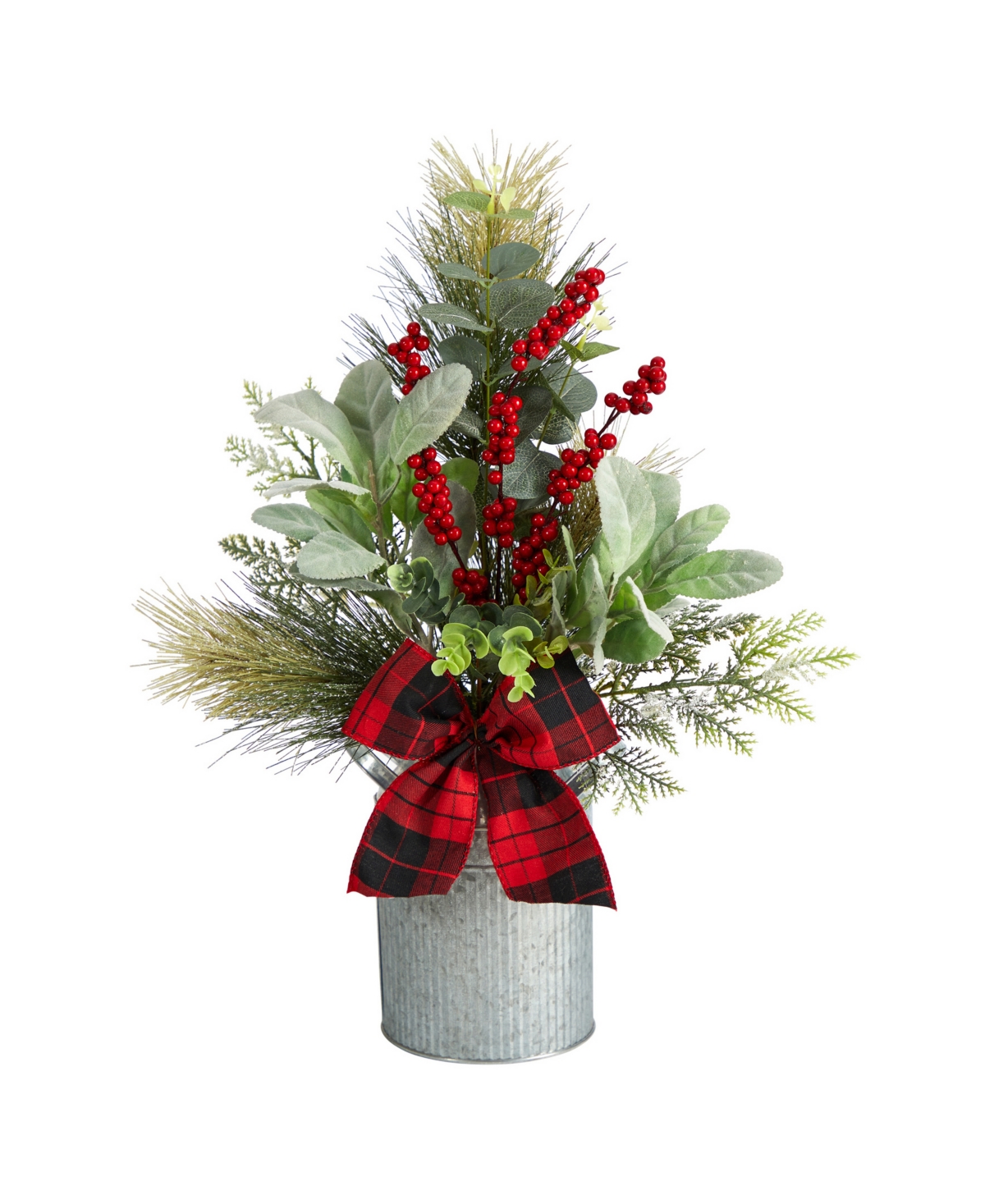 Holiday Winter Greenery, Pinecone and Berries with Buffalo Plaid Bow Artificial Christmas Table Arrangement, 20" - Green