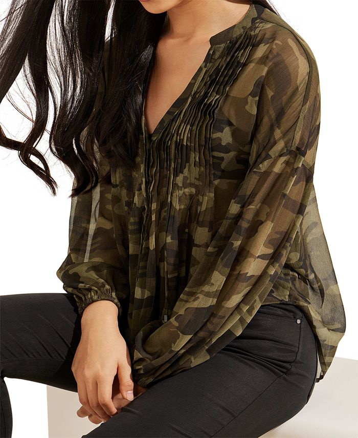 GUESS - Camouflage-Print Pintuck Blouse