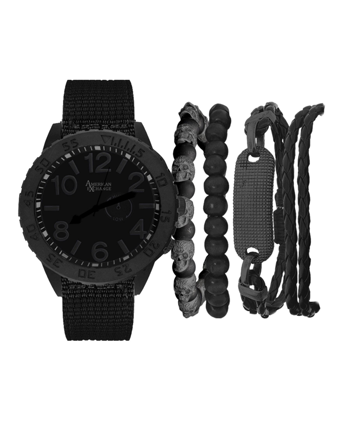 Men's Quartz Dial Black Fabric Strap Watch and Assorted Black Stackable Bracelets Gift Set, Set of 5 - Black
