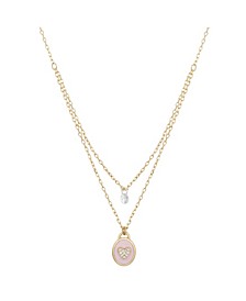 14Kt Gold Flash Plated Cubic Zirconia Pink Enamel Heart Layered Pendant Necklace