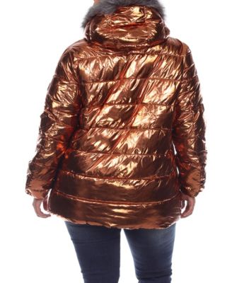 Plus Size Metallic Puffer Coat with Hoodie