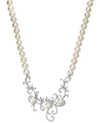 Molah 925 Sterling Silver Cultured Freshwater Pearl & Cubic Zirconia Swirl Pendant Necklace - Adjustable 16-18" - View #9