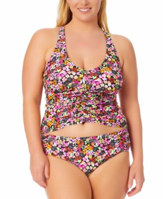 Trendy Plus Size Cinch-Front Ditsy-Print Tankini Top & Bottoms