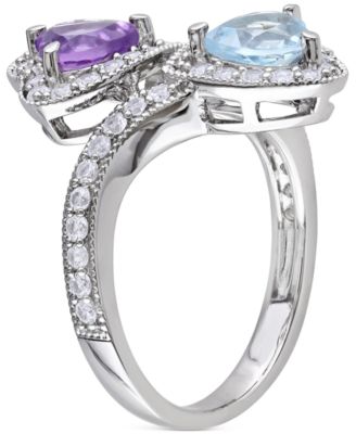 Amethyst (5/8 ct. t.w.), Blue Topaz (7/8 ct. t.w.), & Lab-Grown White Sapphire (7/8 ct. t.w.) Heart Bypass Ring in Sterling Silver
