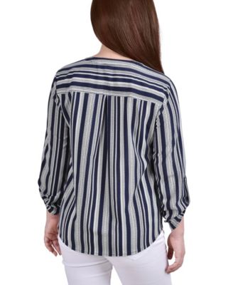 Petite 3/4 Sleeve Roll Tab Y Neck Blouse