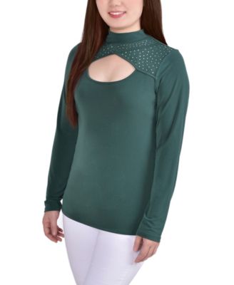 Petite Long Sleeve Studded Mock Neck Top