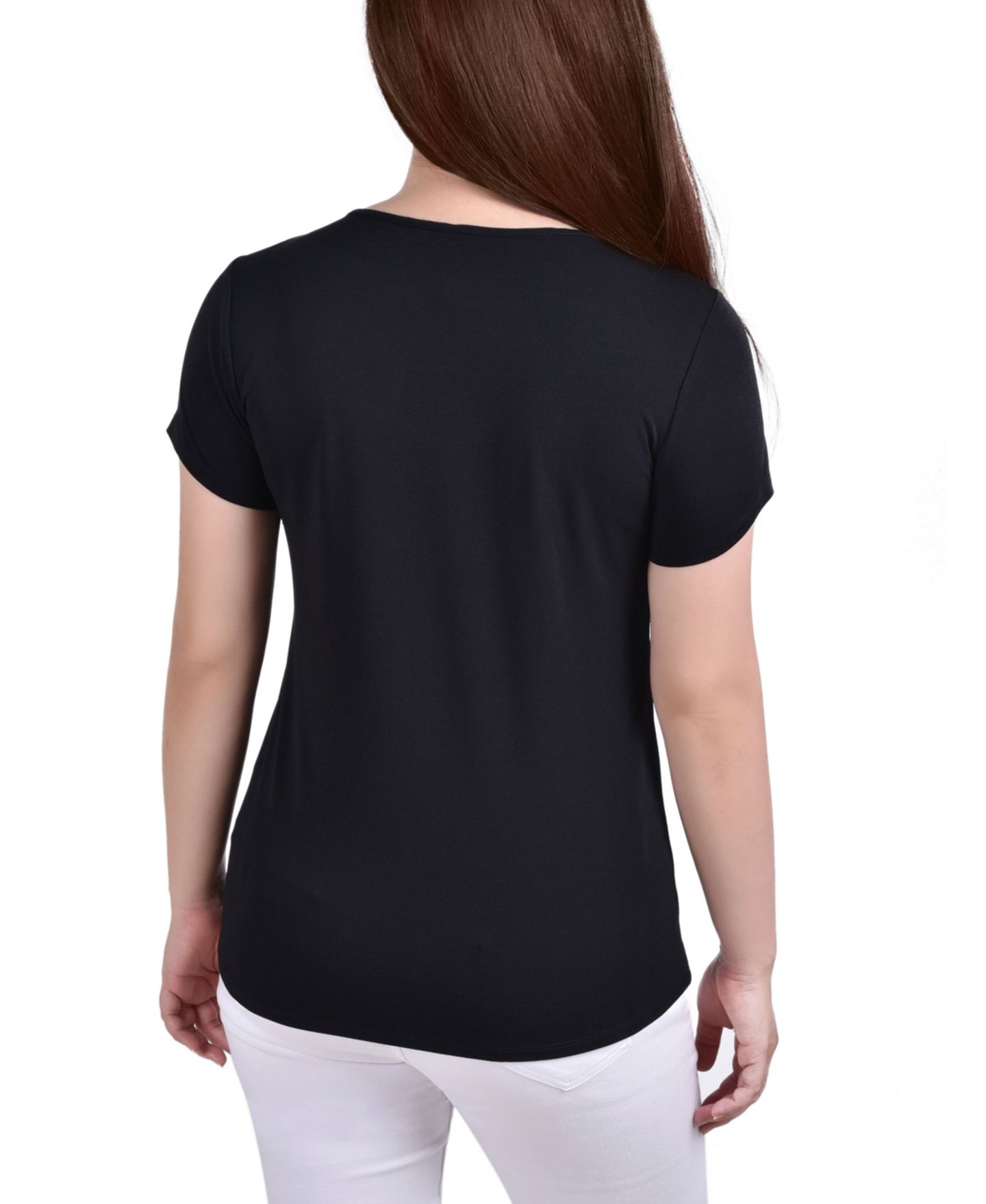 Женский топ NY Collection Petite Short Sleeve Crepe Knit, цвет: Чёрный — фото 2