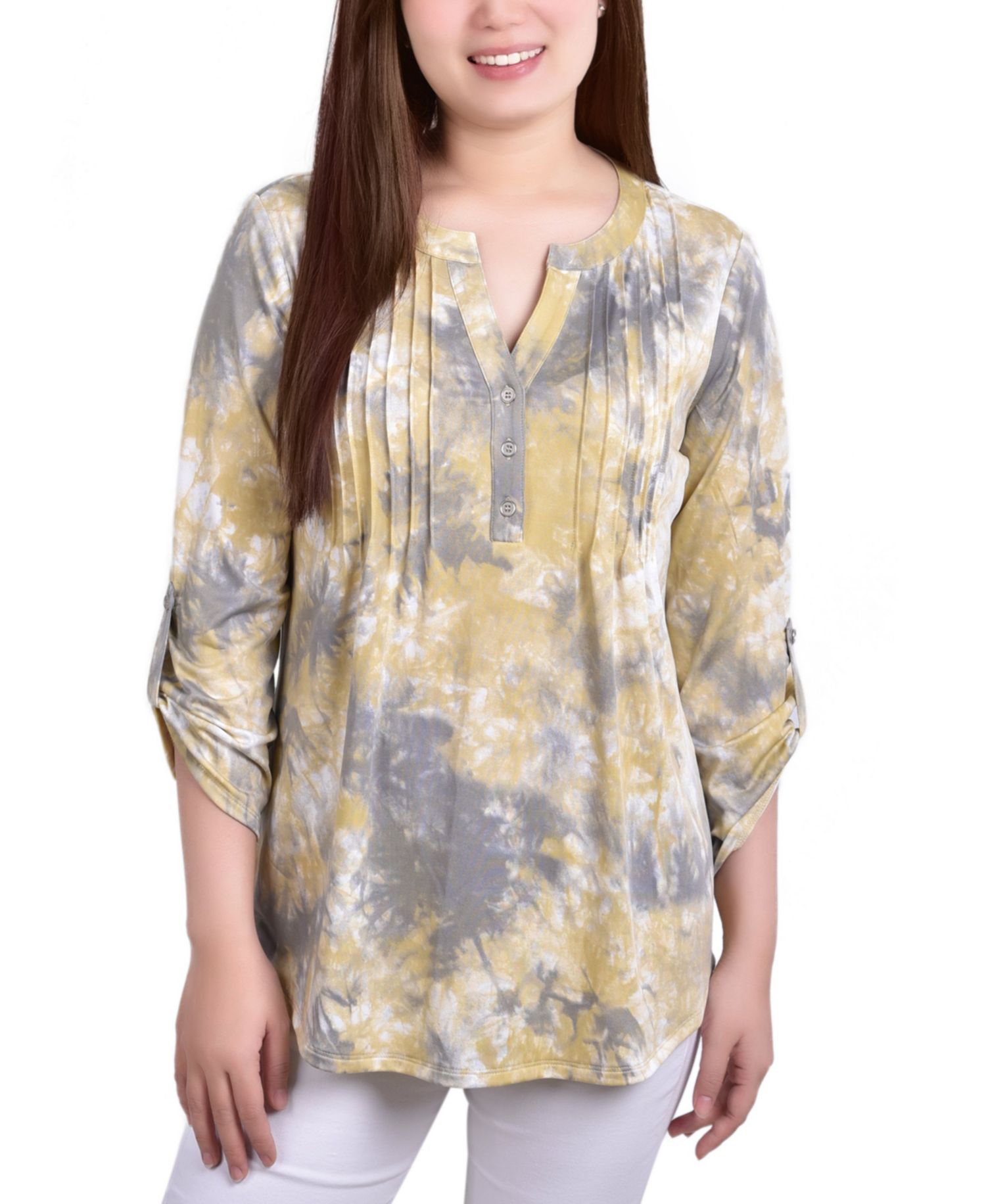 Petite Knit Jacquard 3/4 Sleeve Roll Tab Pintuck Top