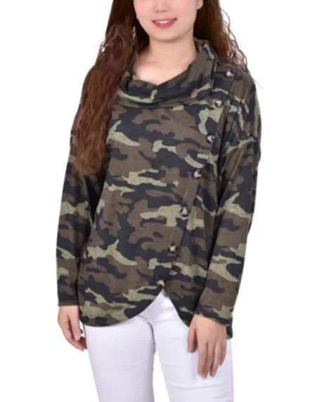 Petite Long Sleeve Knit Cowl Neck Top with Crossover Styling - Green Camo