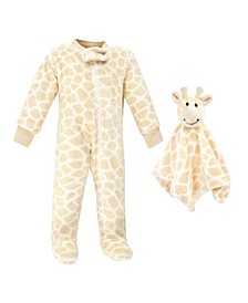 Baby Girls and Boys Flannel Plush Coveralls with Security Blanket
