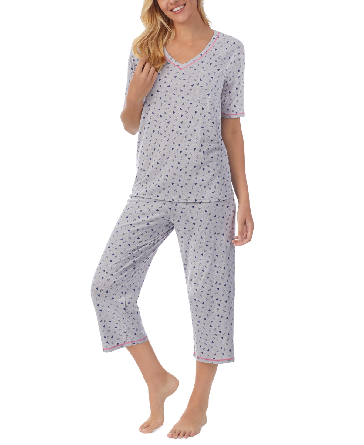 Printed Elbow-Sleeve Top & Capri Pants Pajama Set - Grey Ditsy
