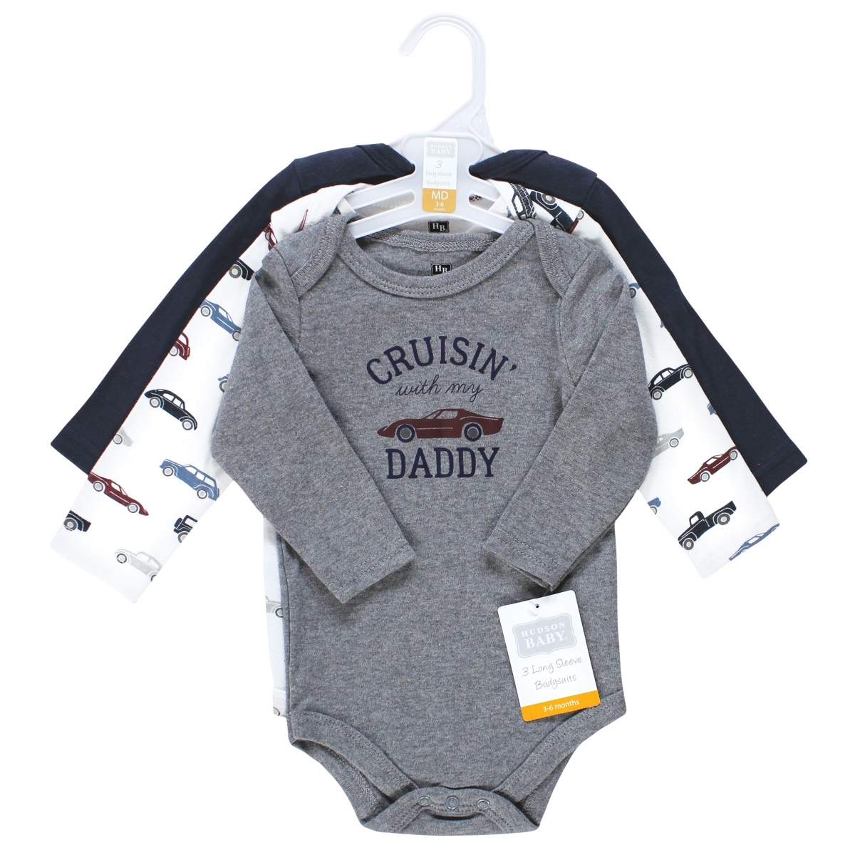 Hudson Baby Baby Boys Cotton Long-Sleeve Bodysuits,3-Pack - Cars