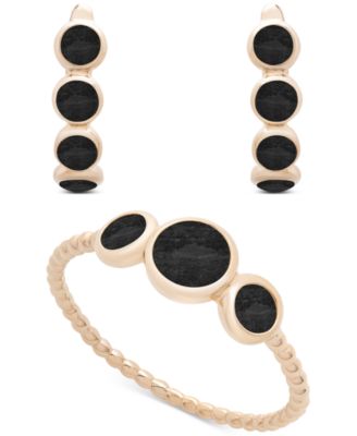 Onyx or Dyed Green Jade Bezel Ring and Earring Collection in 14k Gold-Plated Sterling Silver