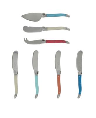 Laguiole Coral and Turquoise Cheese Knife and Spreader Set, 7 Piece.