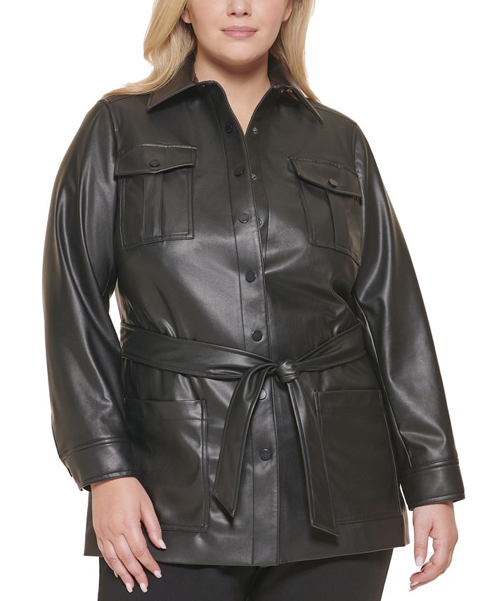 Calvin Klein Plus Size Faux-leather Tie-Waist Jacket & Reviews - Jackets & - Women - Macy's