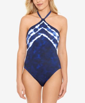 로렌 랄프로렌 Lauren Ralph Lauren Halter Tummy-Control One-Piece Swimsuit,Blue Shoreline Stripe