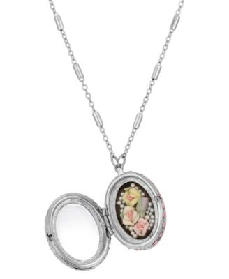 Flower Silver-tone oval Multicolor Rose Necklace