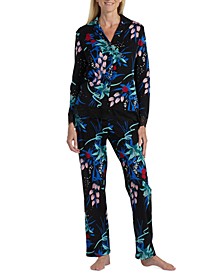 Lace-Trim Notch Collar Printed Pajama Set