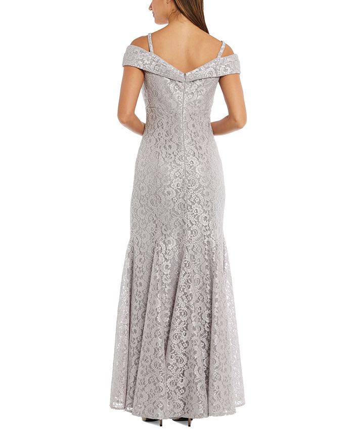 R & M Richards Women's Off the Shoulder Lace Gown Silver Size 12