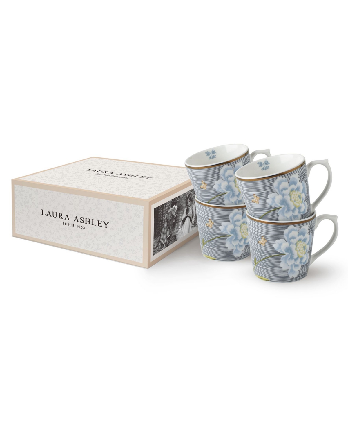 Closeout! Laura Ashley Heritage Collectables 10 Oz Midnight Pinstripe Mugs in Gift Box, Set of 4 - White with Blue Stripes