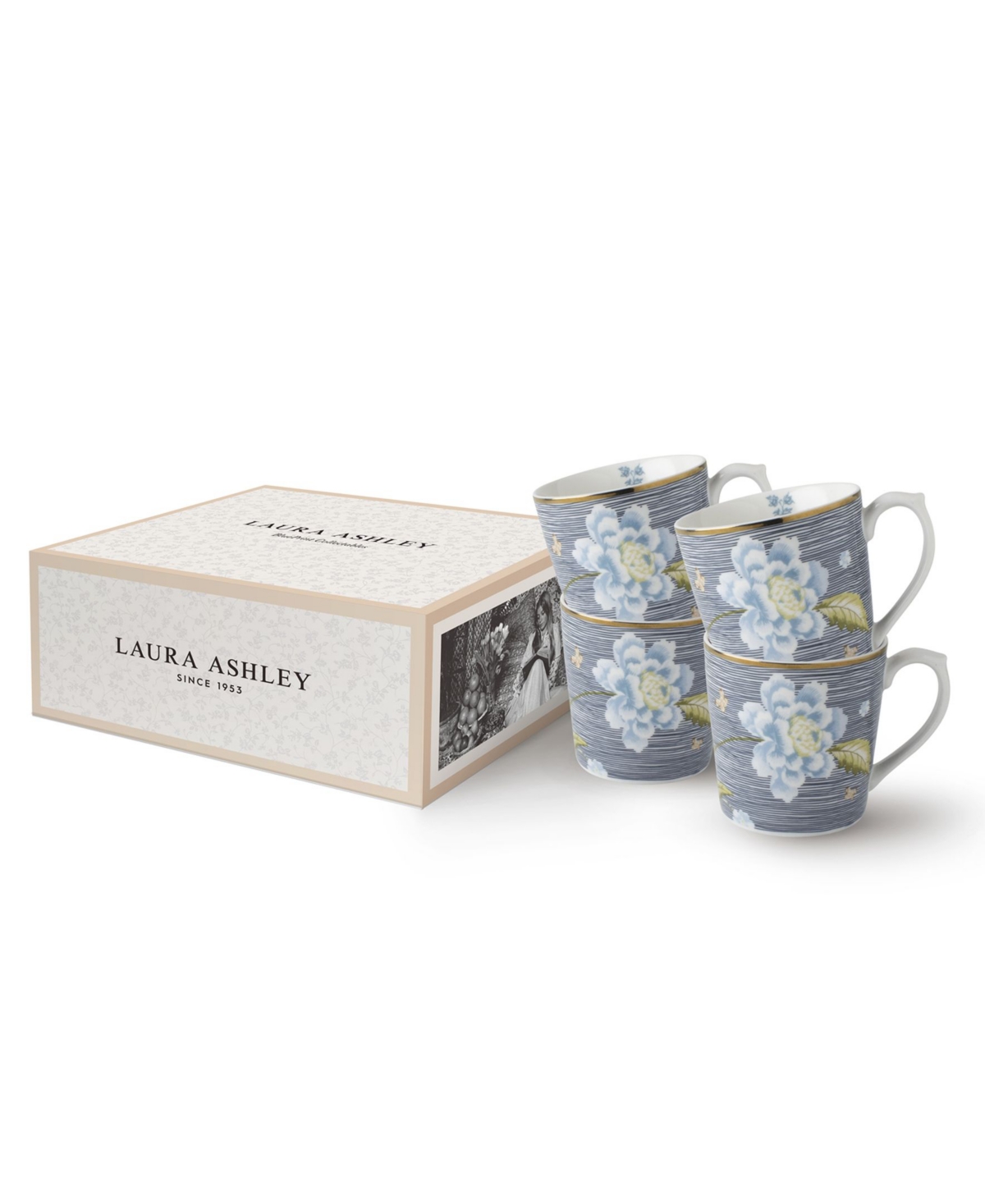 Closeout! Laura Ashley Heritage Collectables 17 Oz Midnight Pinstripe Mugs in Gift Box, Set of 4 - White with Blue Stripes