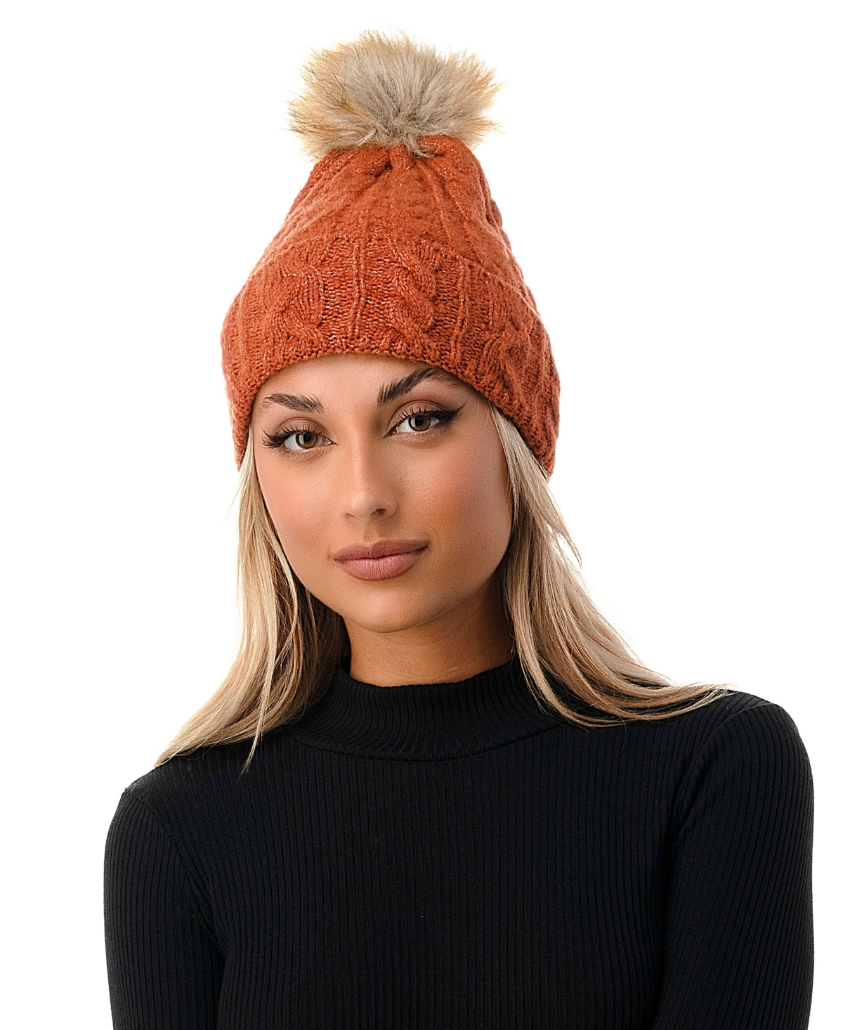 Marcus Adler Women's Cable Knit Faux Fur Pom Beanie In Rust