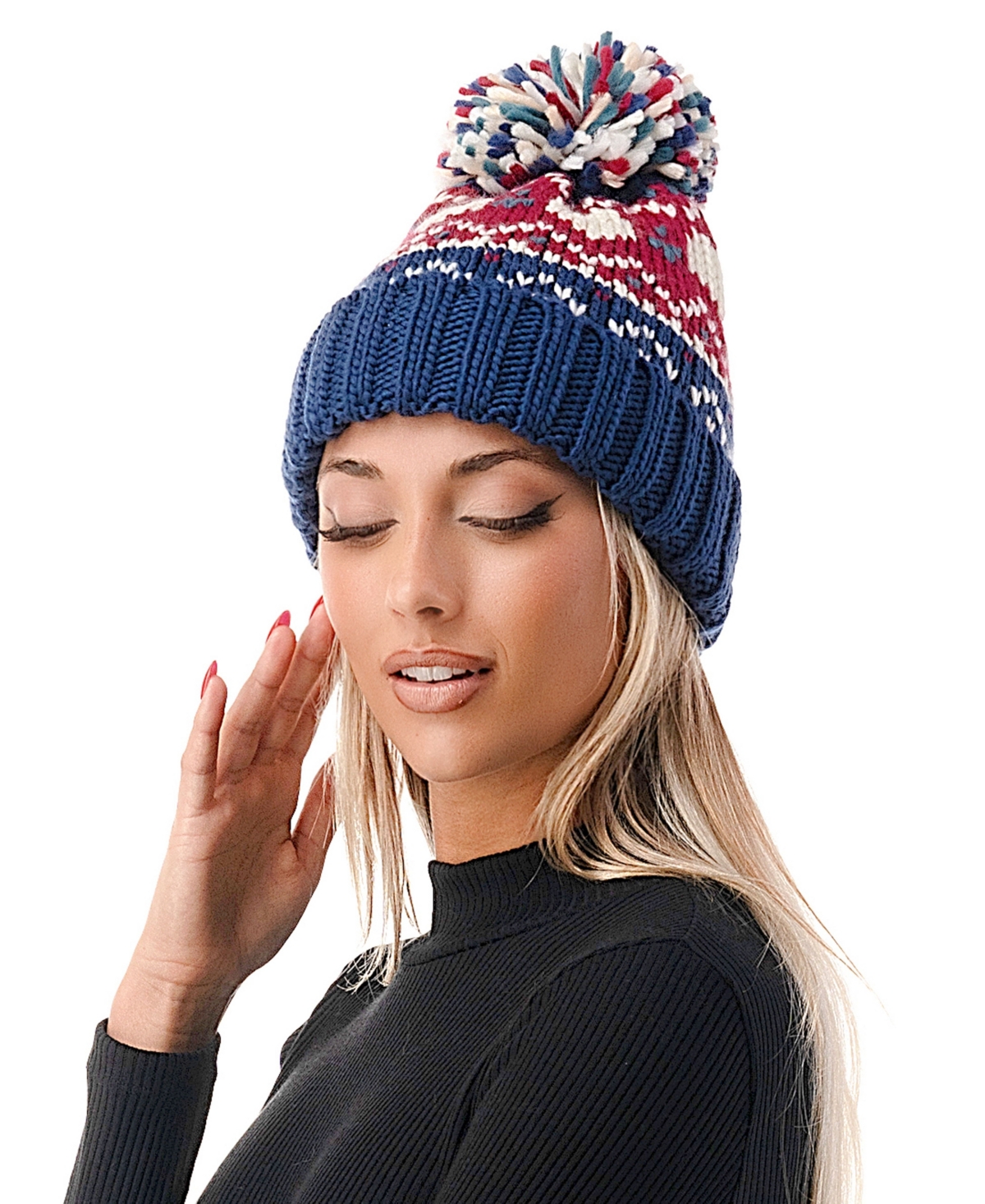 Marcus Adler Women's Fair Isle Heart Knit Pom Beanie