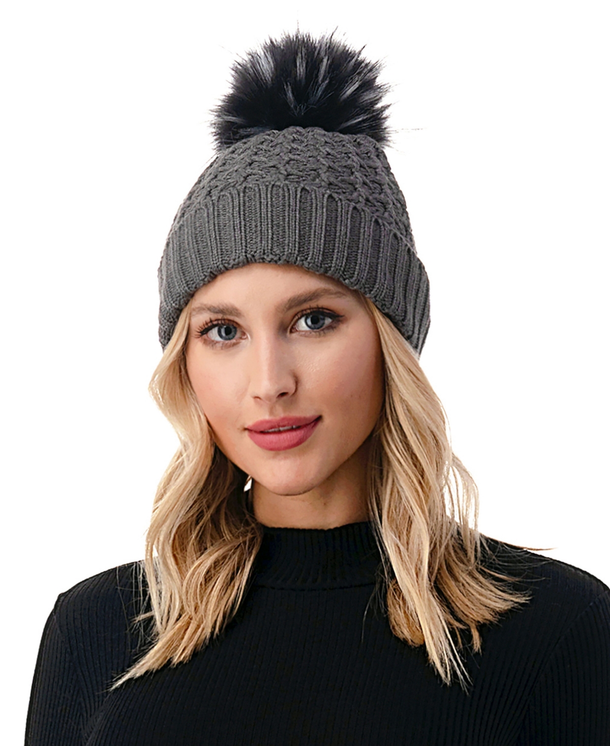 Marcus Adler Women's Cable Knit Faux Fur Pom Beanie In Charcoal