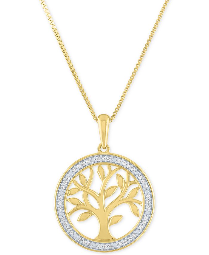 Macy's - Diamond Tree 18" Pendant Necklace (1/10 ct. t.w.) in 14k Gold-Plated Sterling Silver