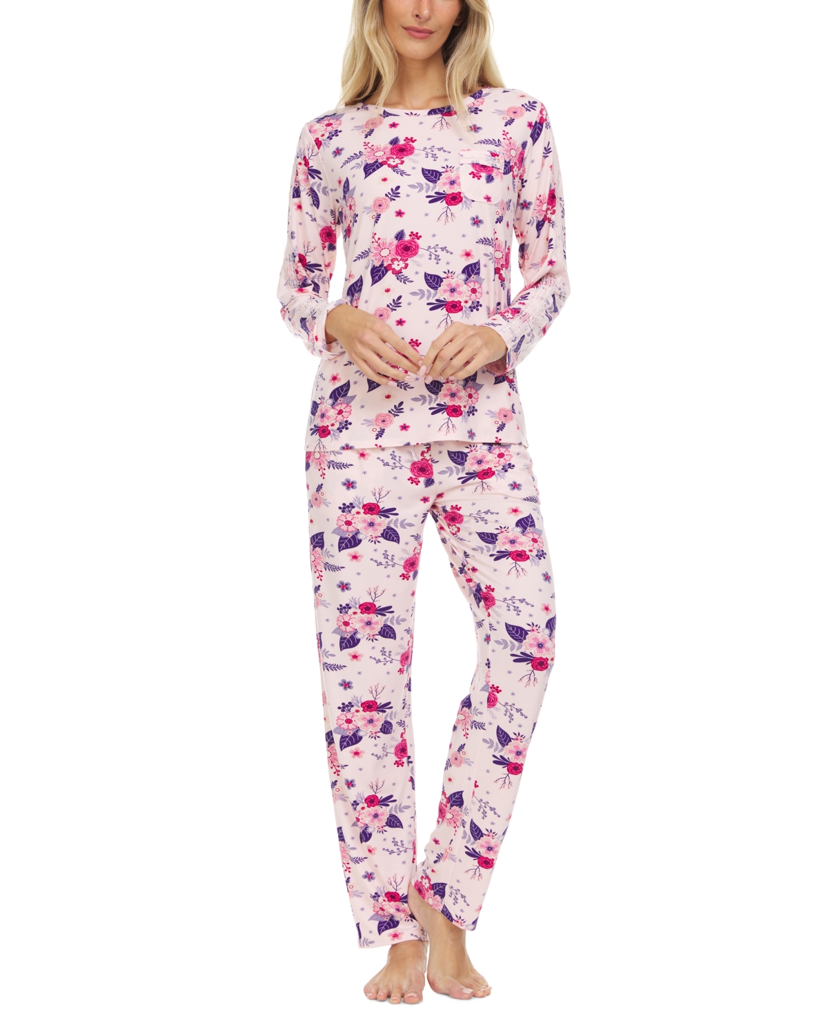 Erica Lace-Trim Printed Knit Pajama Set - Pink