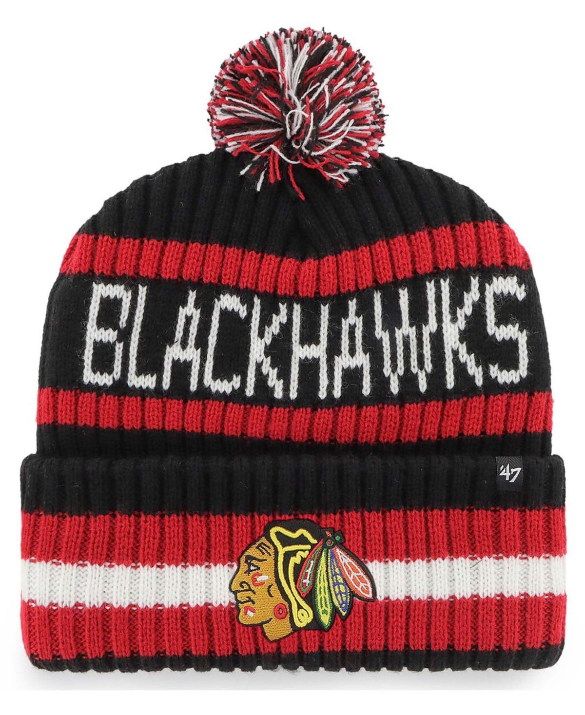 Мужская черная вязаная шапка Chicago Blackhawks Bering с манжетами и помпоном