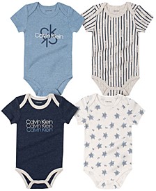Baby Boy Logo and Patterned Short Sleeve Bodysuits Set, 4 Piece