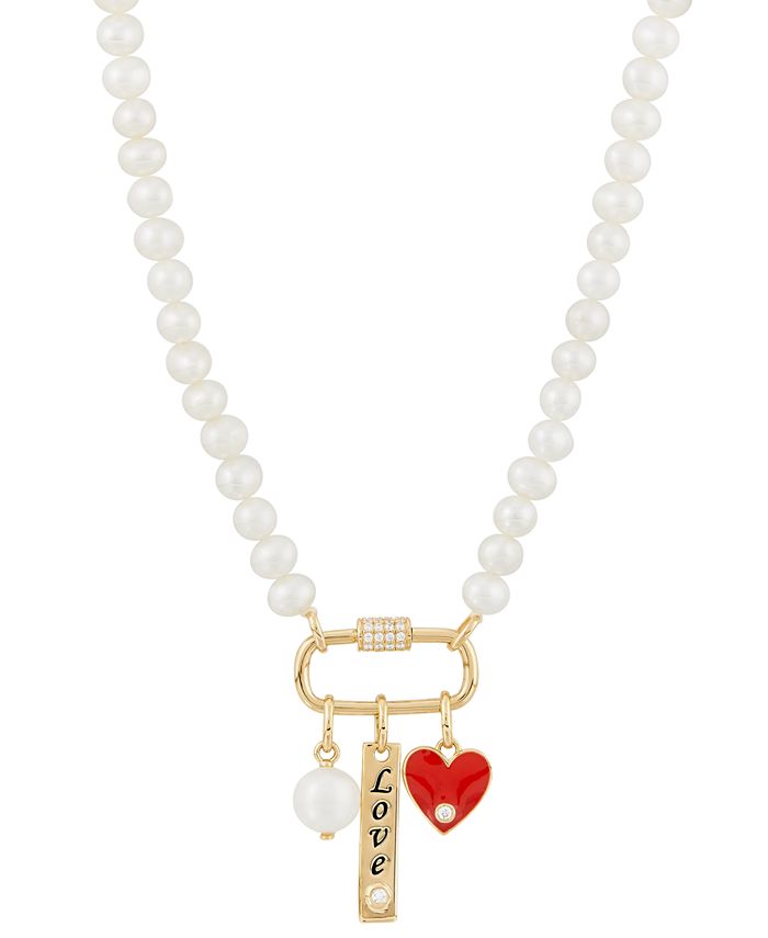 Macy's - Cultured Freshwater Pearl (4mm & 7mm), Cubic Zirconia, & Enamel Carabiner Love Charm 18" Pendant Necklace