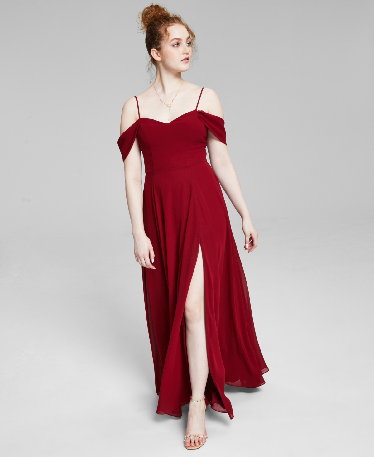 City Studios Juniors Cold shoulder Lace up Gown In Cardinal