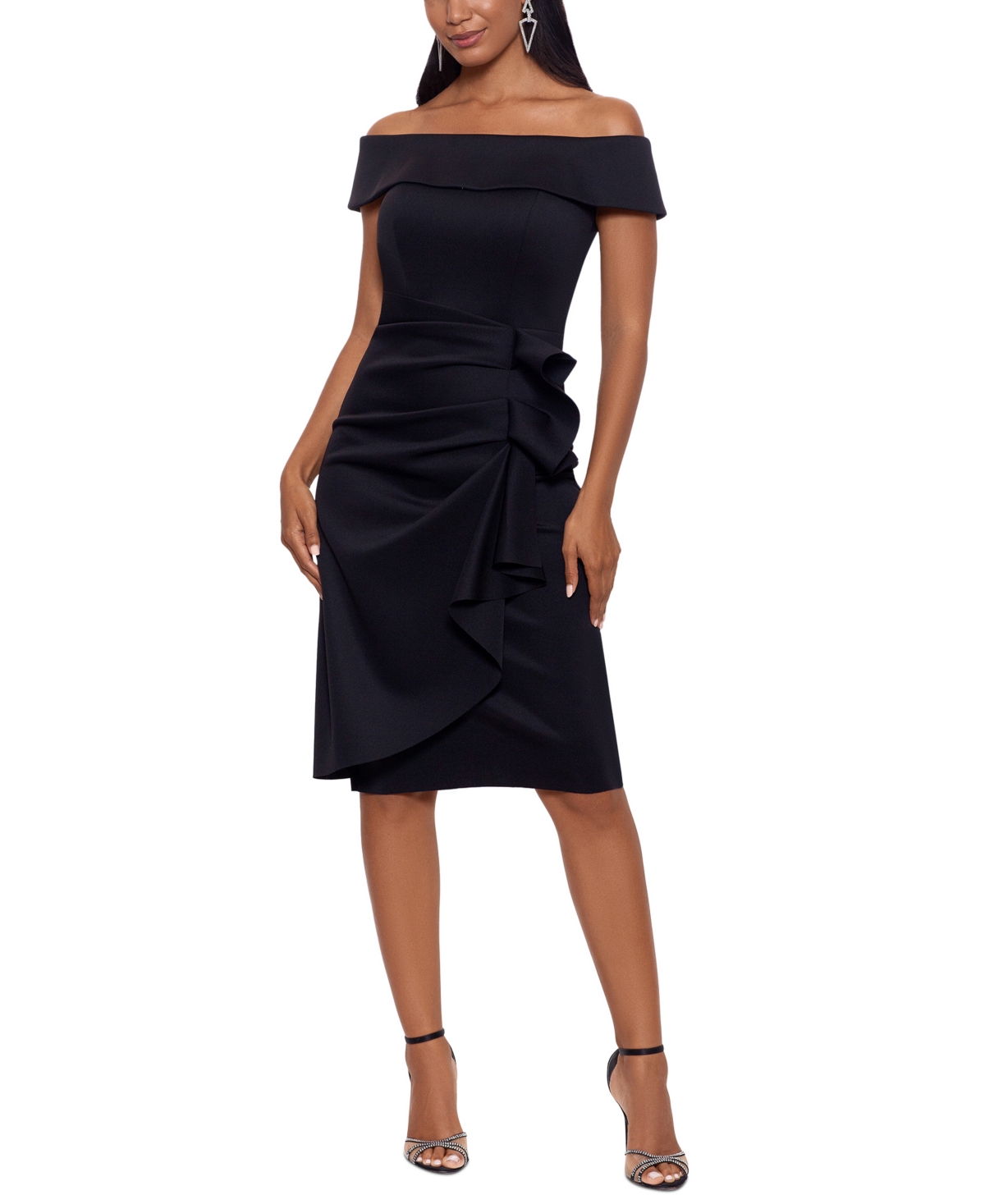 Scuba Off the Shoulder Ruched Dress with Feather Detail