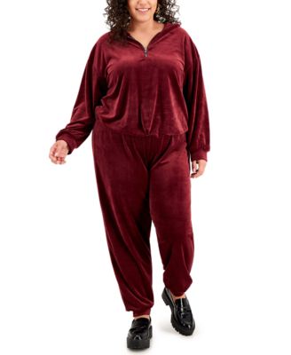 FULL CIRCLE TRENDS - Trendy Plus Size Velour Quarter-Zip Hoodie & Pants