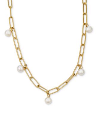 Macy's - Cultured Freshwater Pearl (7 - 7-1/2mm) Paperclip Link 18" Collar Necklace in 14k Gold-Plated Sterling Silver