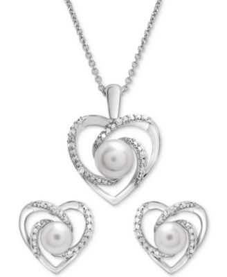 Cultured Freshwater Pearl (6mm) & Diamond Accent Swirl Heart 18" Pendant Necklace in Sterling Silver