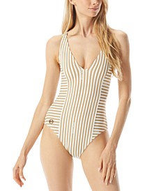 Logo Striped V-Neck One-Piece Swimsuit