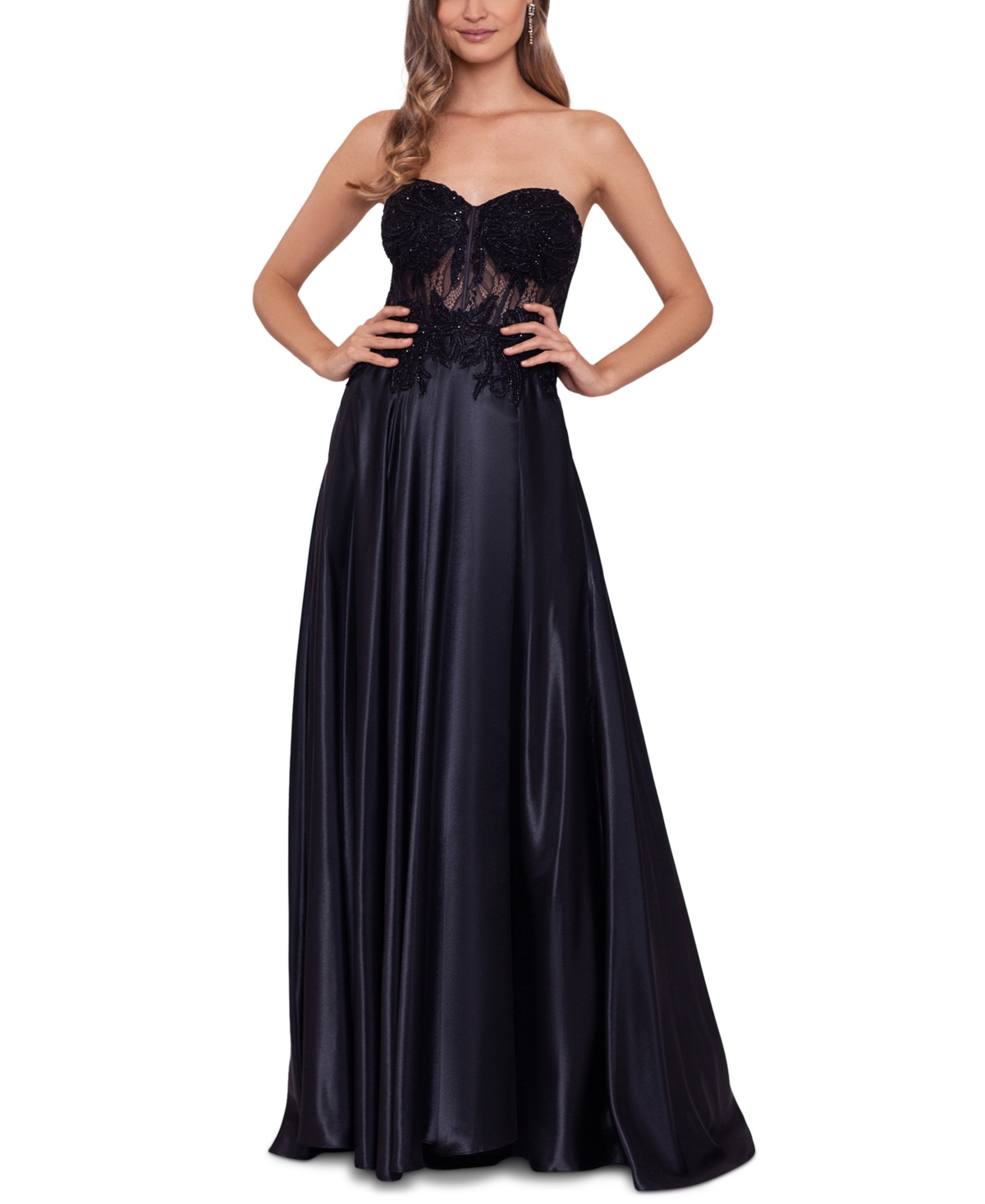 Juniors' Illusion Applique Charmeuse Gown, Created for Macy's - Black