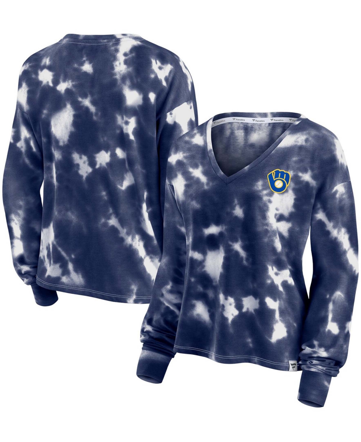 Shop Fanatics Women's White, Navy Milwaukee Brewers Tie-dye V-neck Pullover Cropped Tee In White,navy