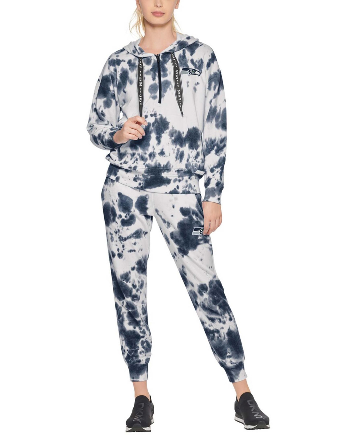 Dkny Women's White, College Navy Seattle Seahawks Dakota Oversized Tie-dye Half-zip Hoodie In White,college Navy