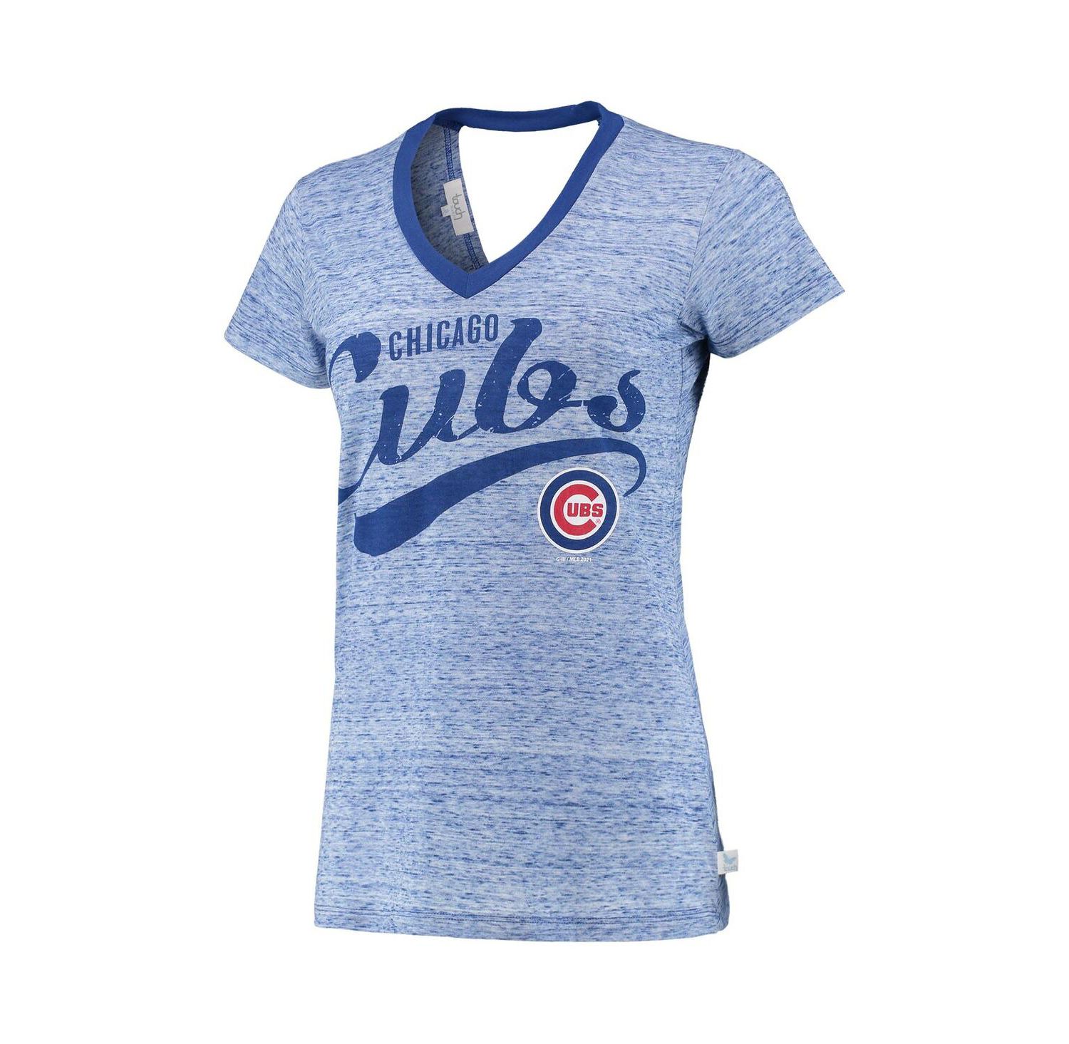 Women's Navy Chicago Cubs Hail Mary V-Neck Back Wrap T-Shirt