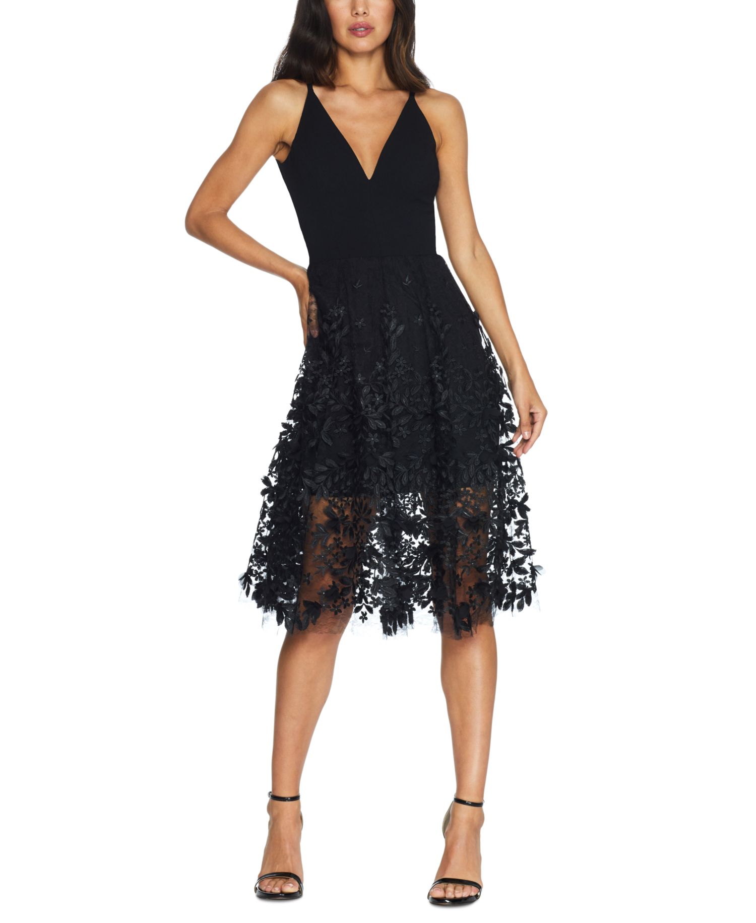 Darleen Deep-V Floral-Appliqu&eacute; Dress