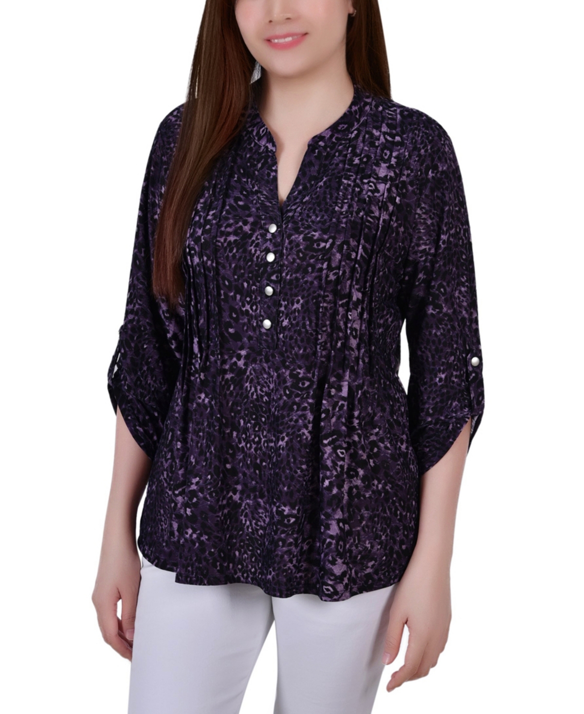 Petite Pintuck Roll Tab Sleeve Top - Mauve Tie Dye