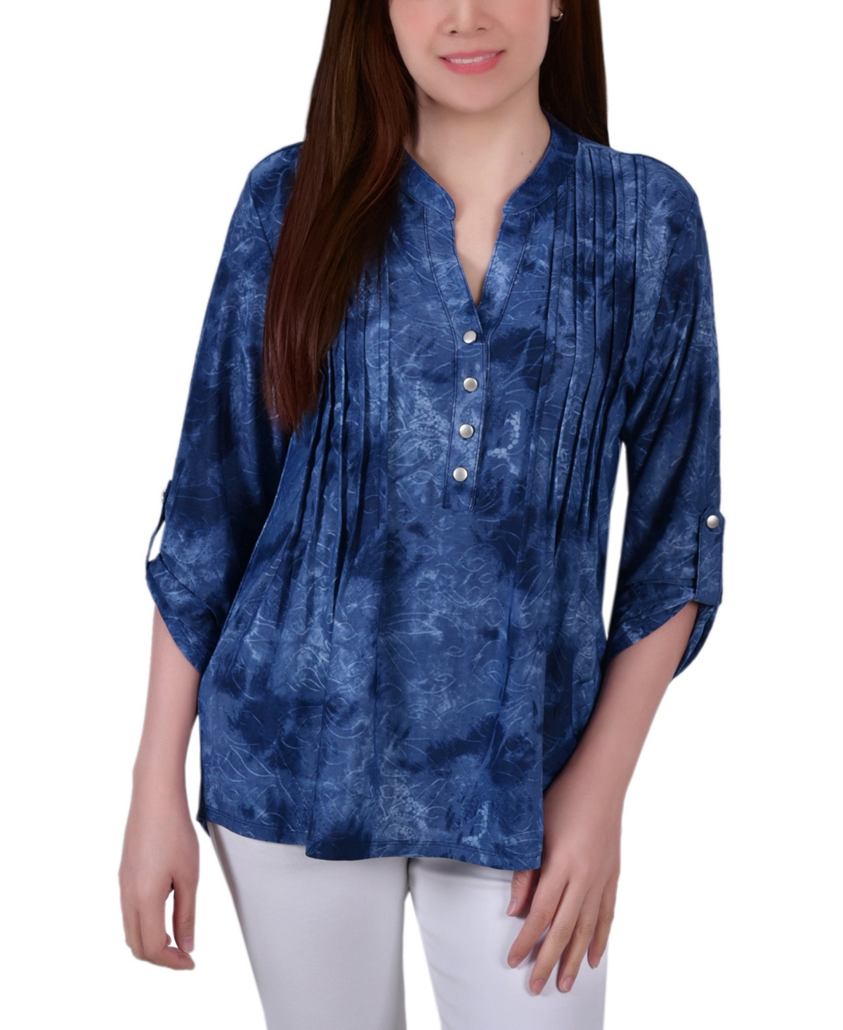 Petite Pintuck Roll Tab Sleeve Top - Mauve Tie Dye