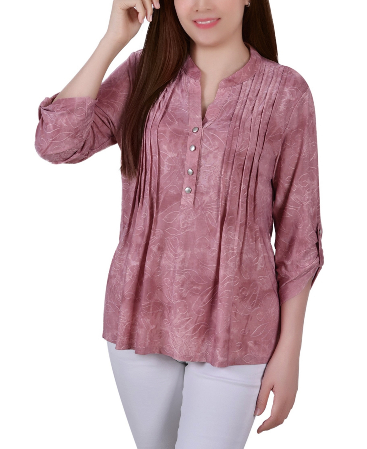 Petite Pintuck Roll Tab Sleeve Top - Mauve Tie Dye