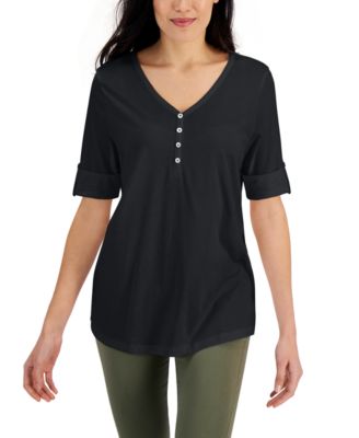 Karen Scott - Petite Cuffed-Sleeve Henley-Neck Top