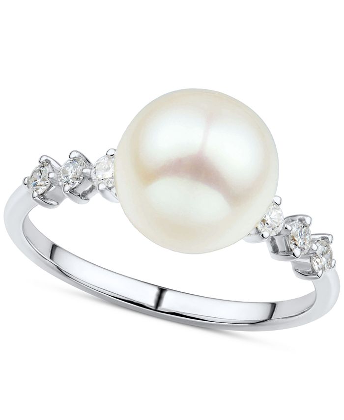 Macy's - Cultured Freshwater Pearl (9mm) & Diamond (1/6 ct. t.w.) Ring in 14k White Gold