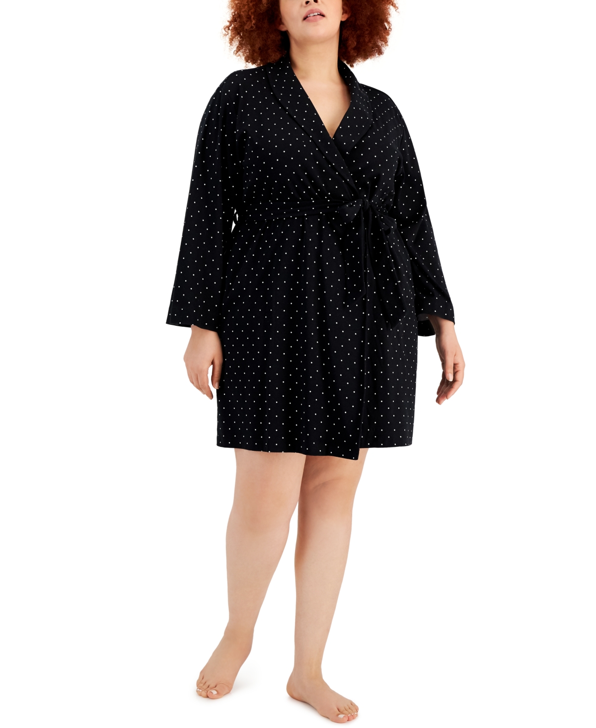 Charter Club Plus Size Dot-Print Short Cotton Wrap Robe, Created for Macy's